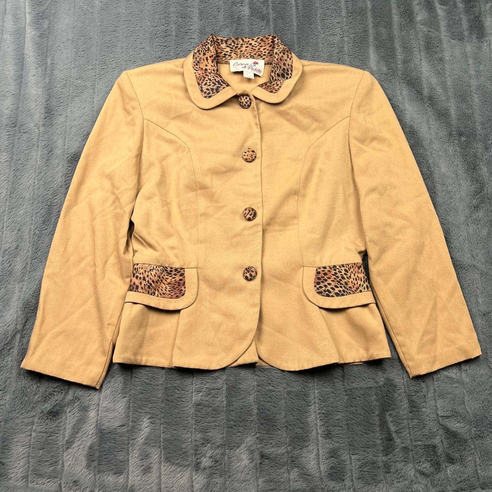 Vintage Caron Petite Chicago Leopard Trim Blazer Tan Camel Button Up Jacket Sz 6